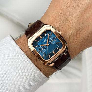 Cluse Quadrus Multifunction Watch Leather, Blue, Rose Gold Colour